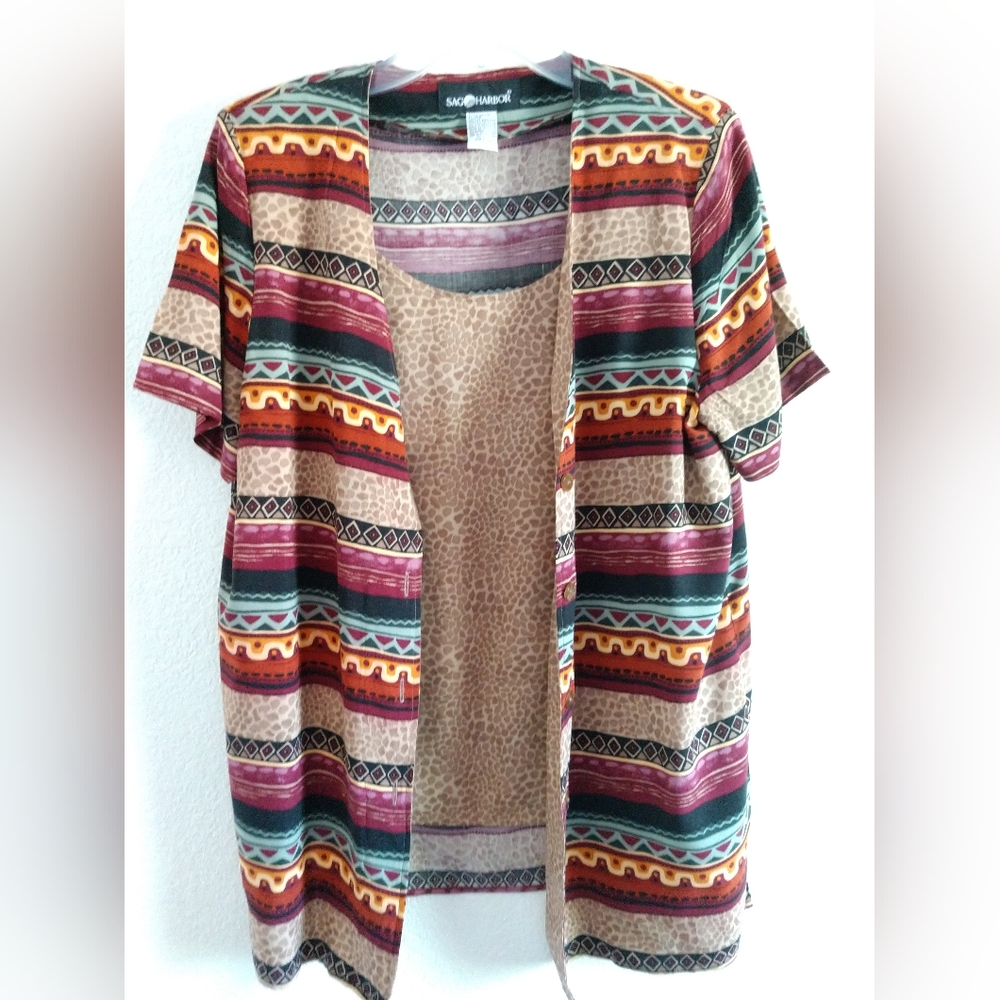 Sag Harbor Blouse Shirt Colorful Geometric Stripes Animal Print Attached Tank M